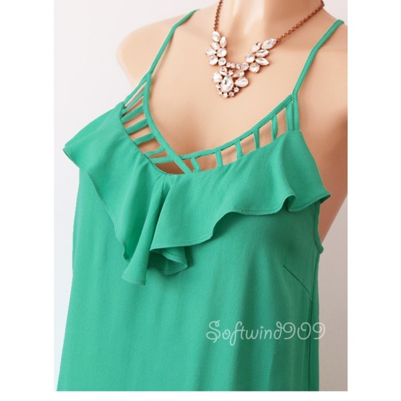 Green Caged Ruffle Racer Back Shift Dress - Picture 4 of 7